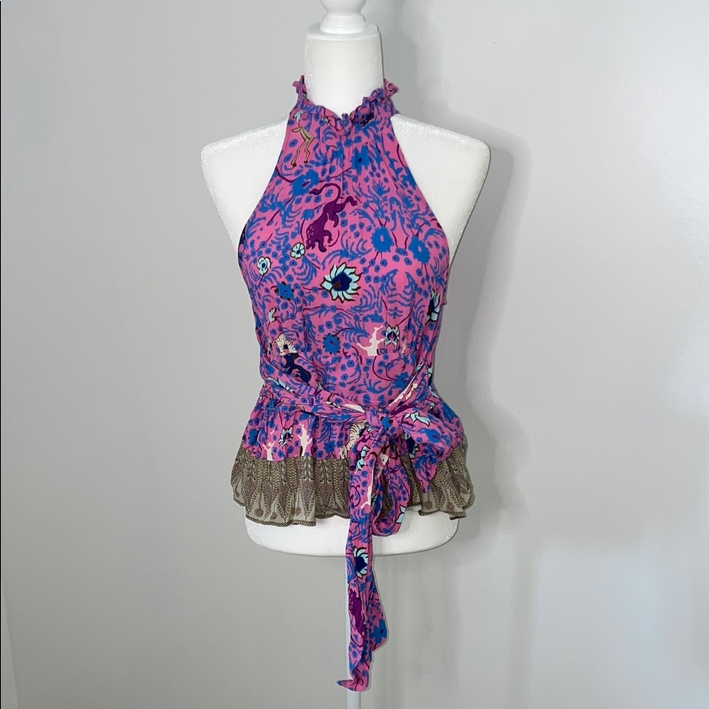 Plenty by Tracy Reese Ruffled Tie Front Tank Top Purple Pink